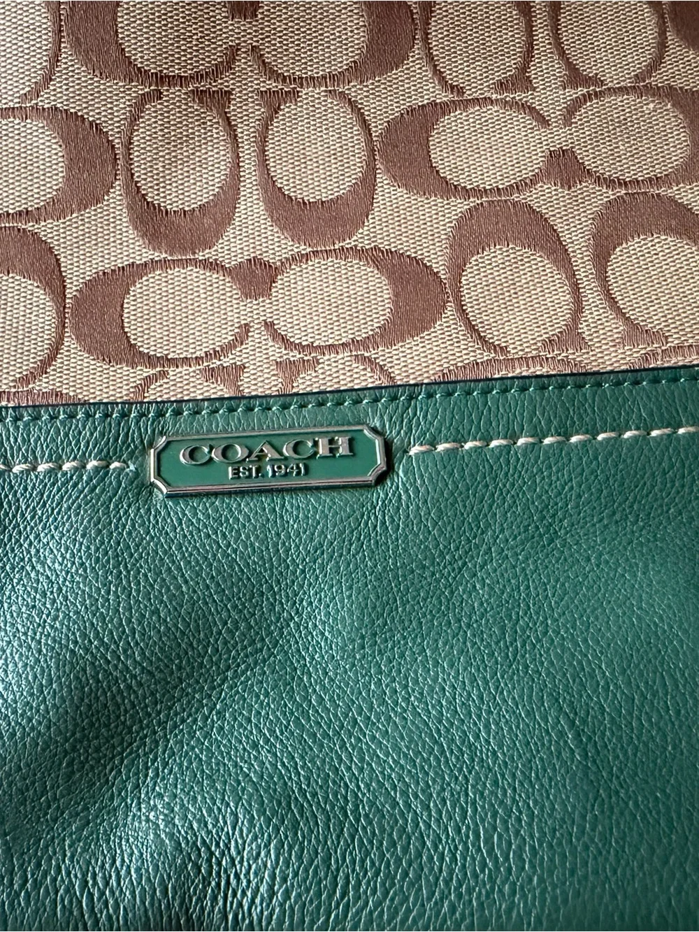 Coach Beige Signature Canvas with Green Leather Hobo Bag